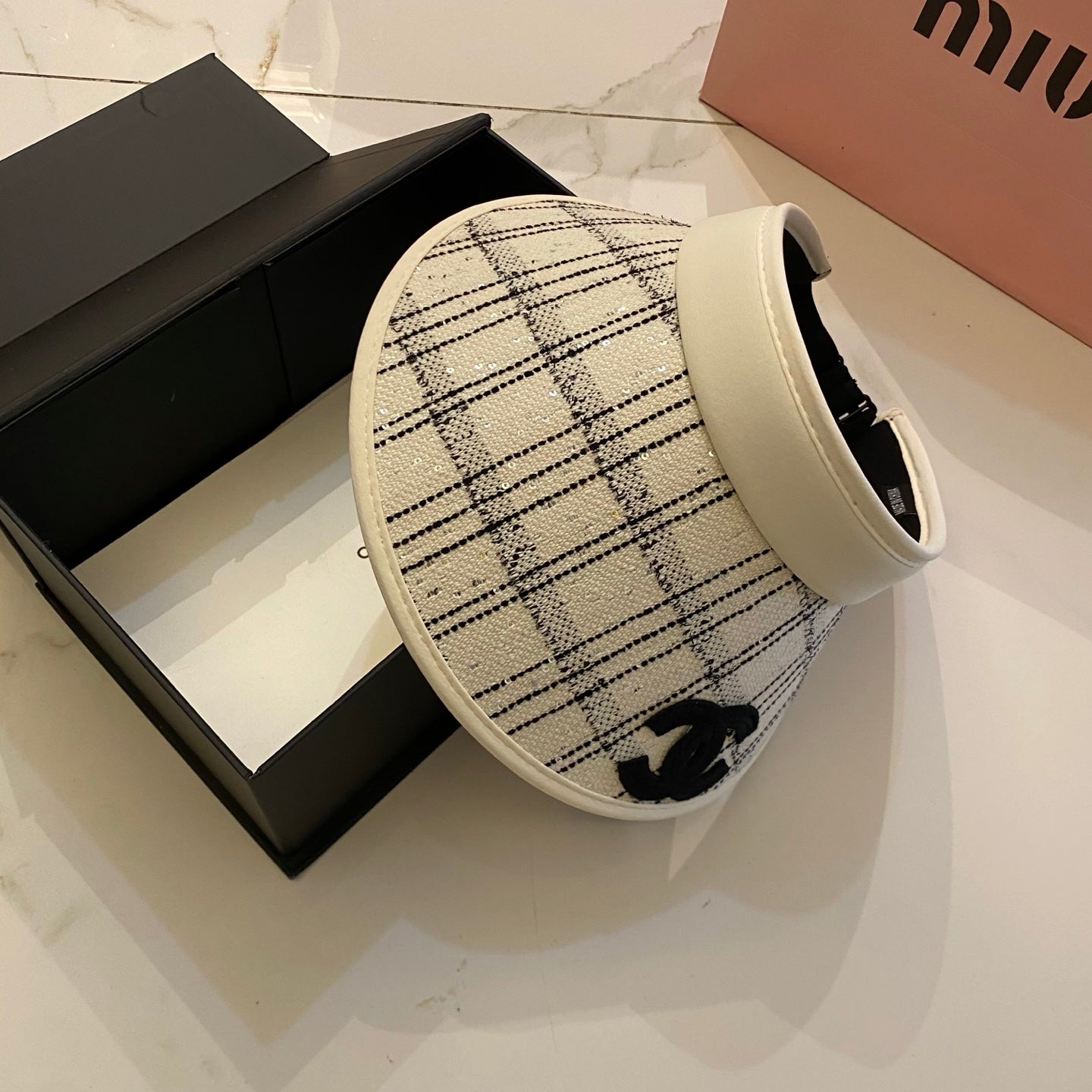 CHANEL Little Chanel Style Checkered Open-Top Hat