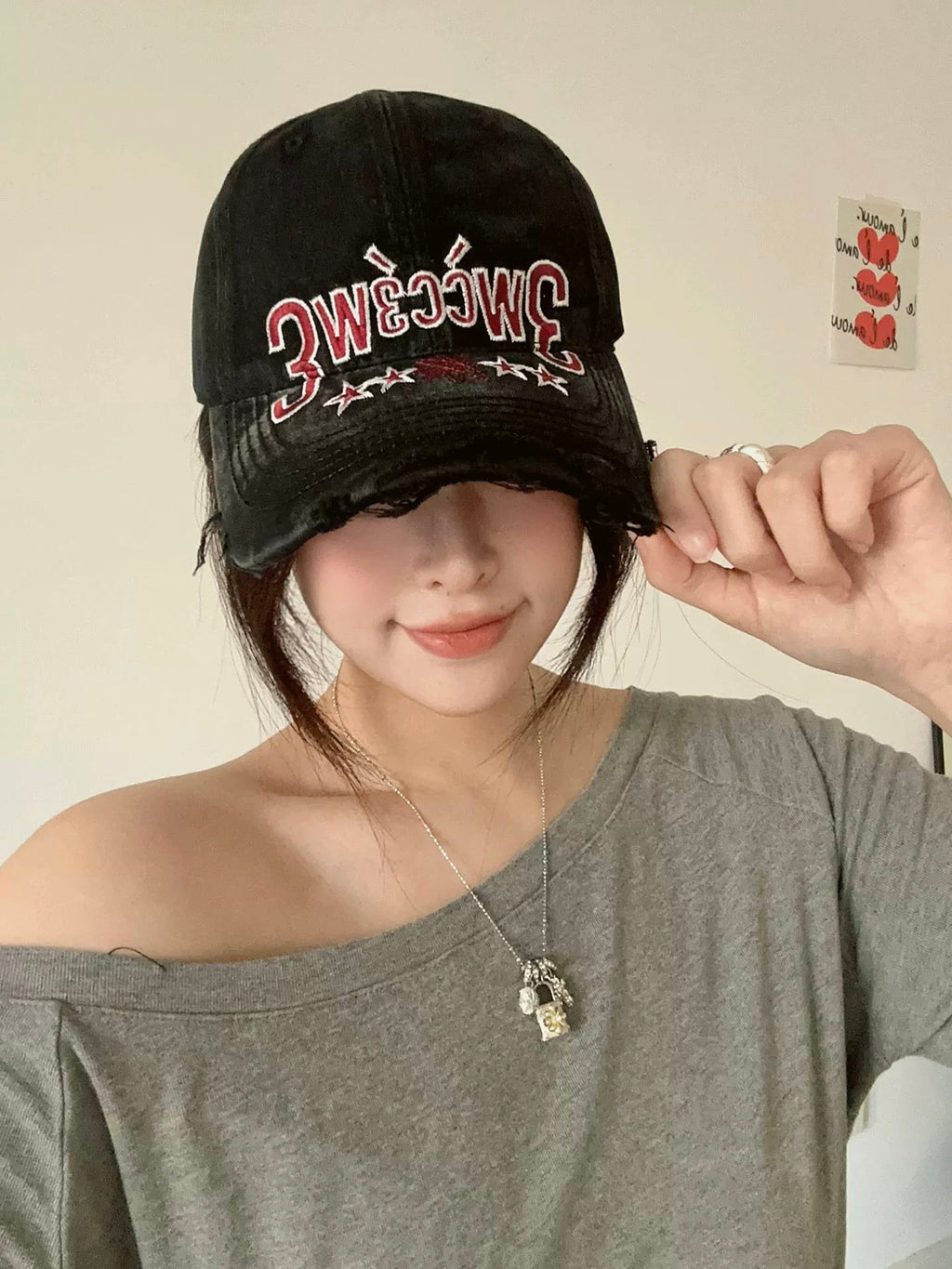Distressed Washed Frayed-edge Lettered Cap