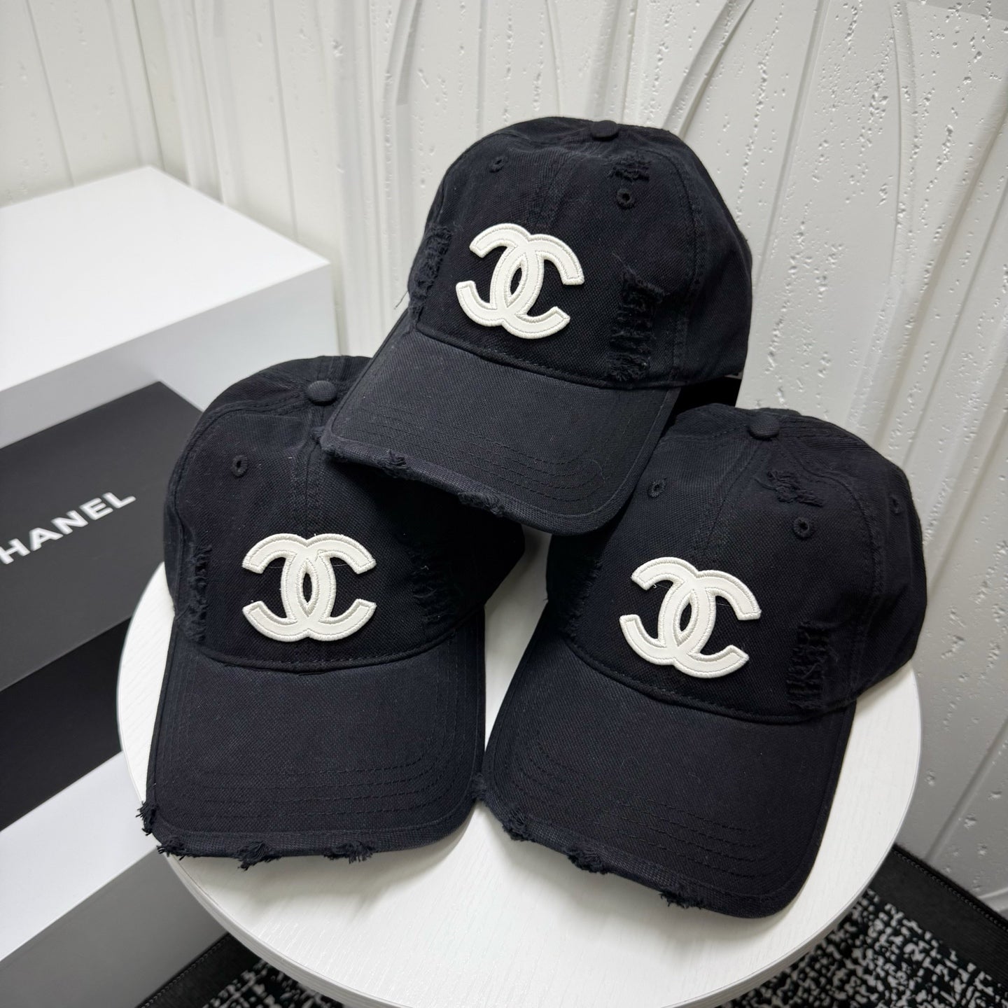 Chanel-inspired distressed baseball cap