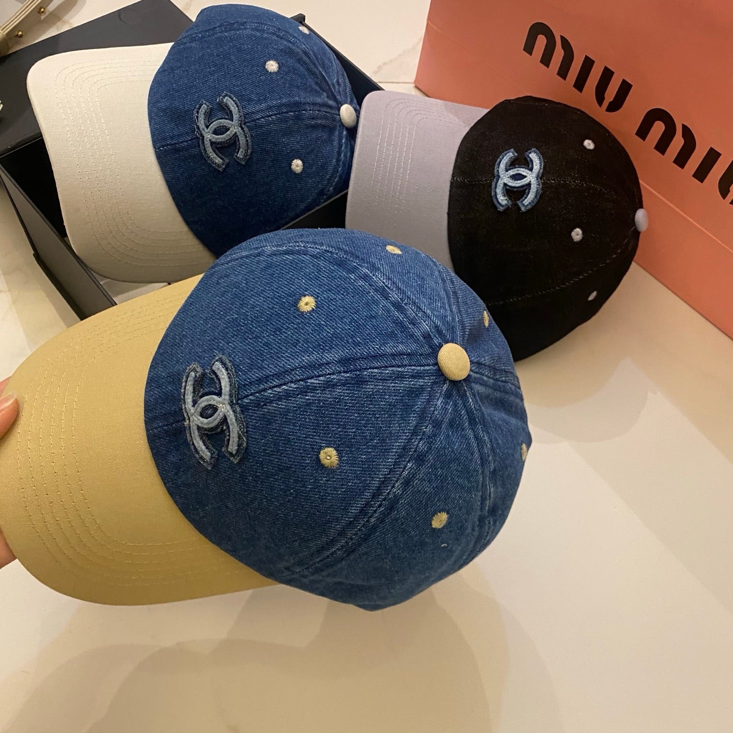 Chanel Color-Blocked Denim Baseball Cap