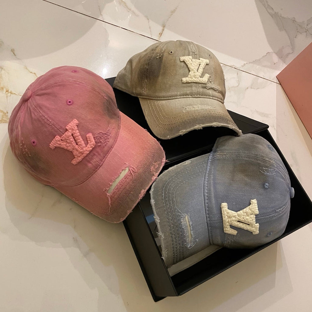 LV Baseball Cap with Distressed Craft and Woven Logo