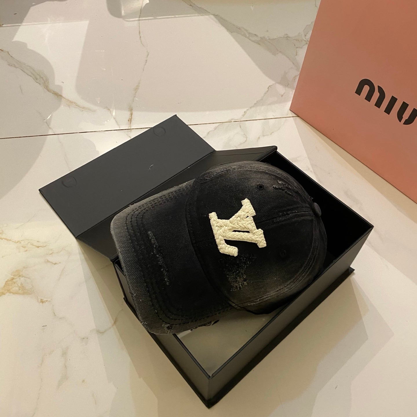 LV Baseball Cap with Distressed Craft and Woven Logo