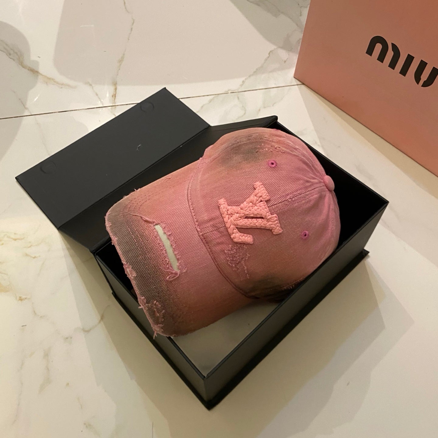 LV Baseball Cap with Distressed Craft and Woven Logo